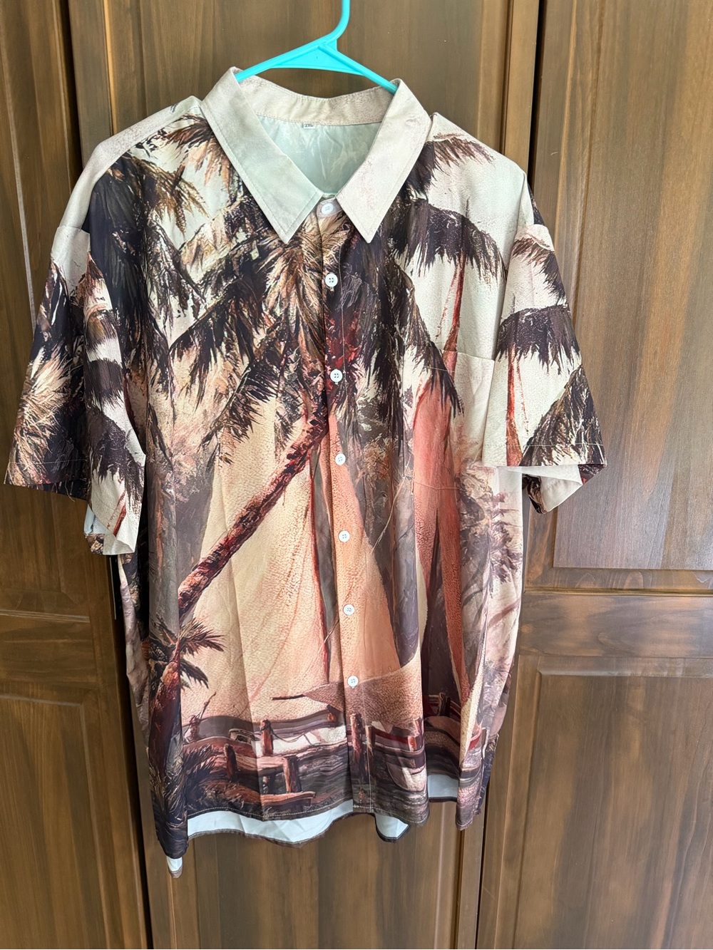 Tropical Palm-Print Short-Sleeve Button-Down Shirt - Beige/Brown